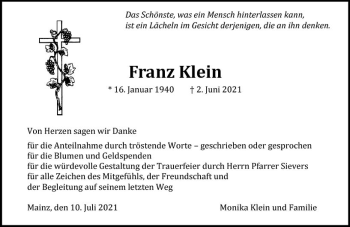 Traueranzeige von Franz Klein von vrm-trauer