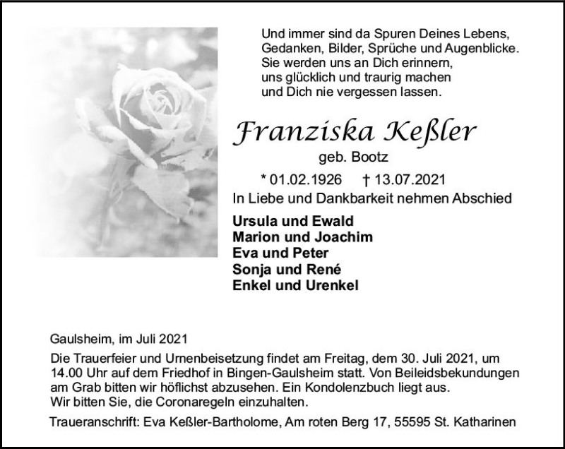  Traueranzeige für Franziska Keßler vom 24.07.2021 aus vrm-trauer