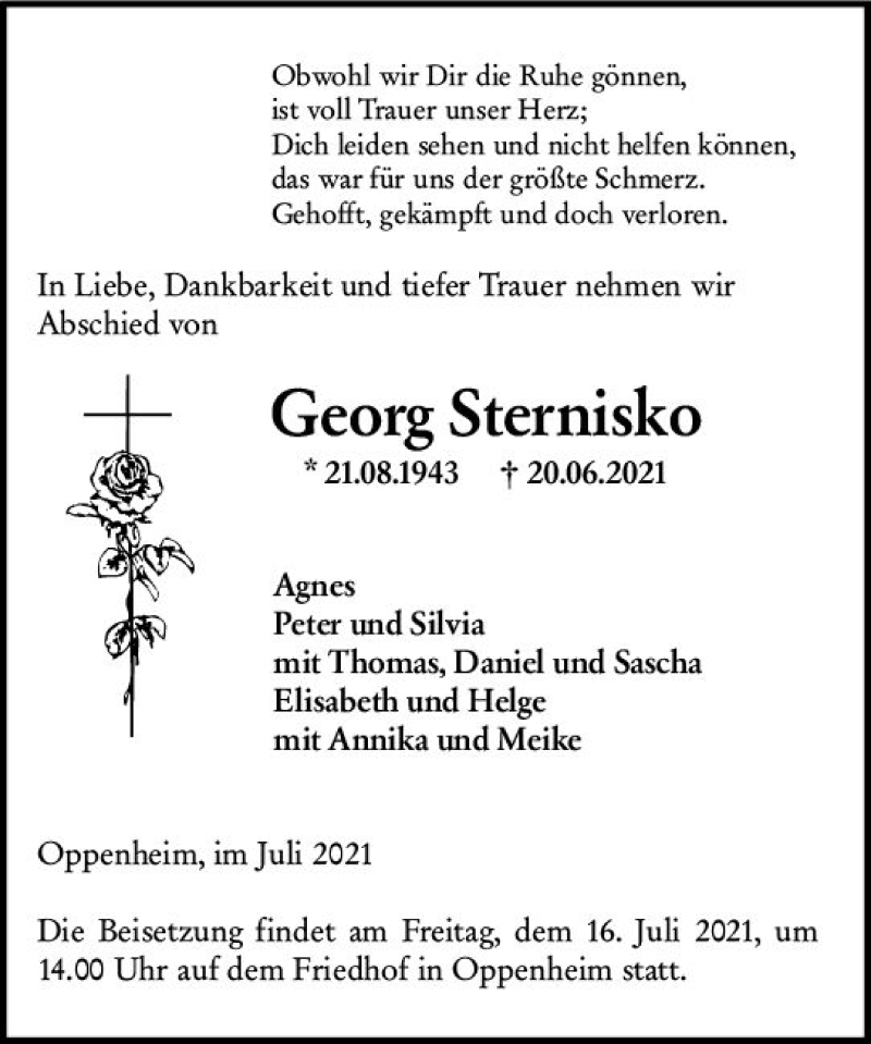  Traueranzeige für Georg Sternisko vom 14.07.2021 aus vrm-trauer