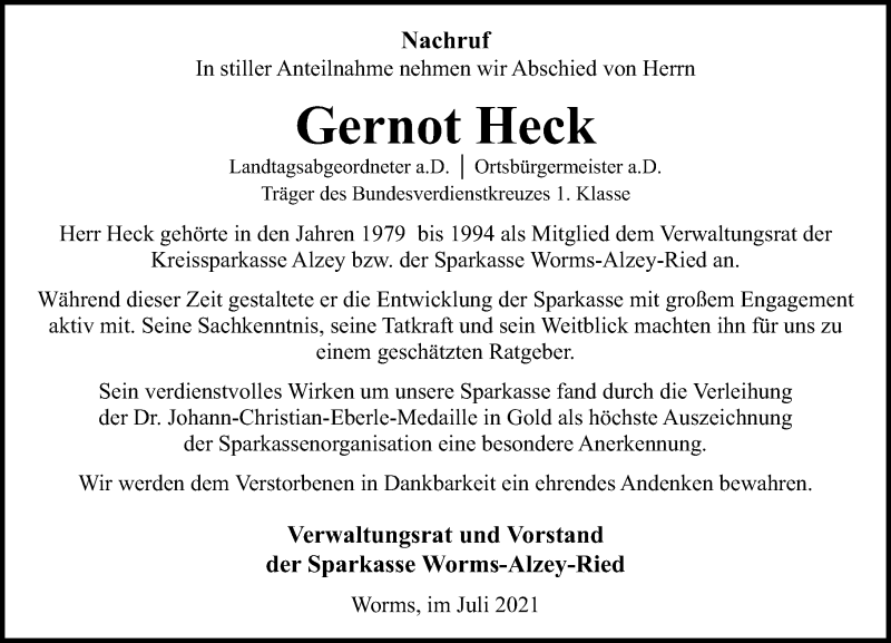  Traueranzeige für Gernot Heck vom 17.07.2021 aus vrm-trauer