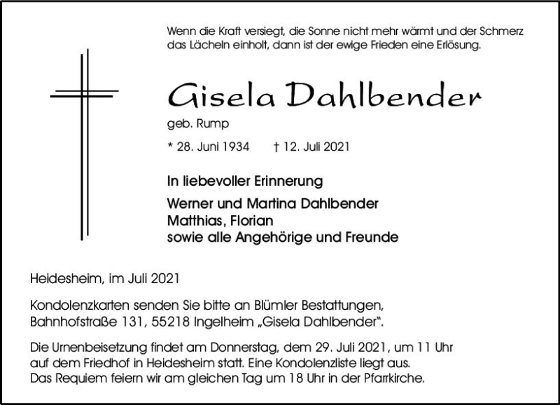  Traueranzeige für Gisela Dahlbender vom 17.07.2021 aus vrm-trauer