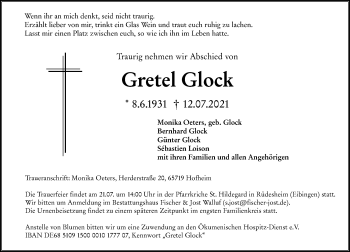 Traueranzeige von Gretel Glock von vrm-trauer