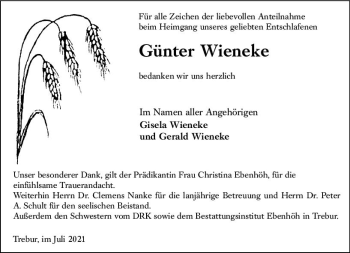 Traueranzeige von Günter Wieneke von vrm-trauer
