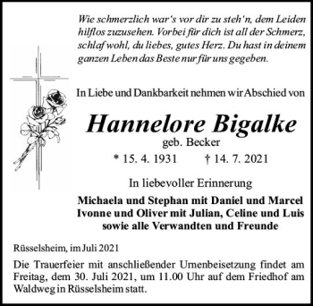 Traueranzeige von Hannelore Bigalke von vrm-trauer