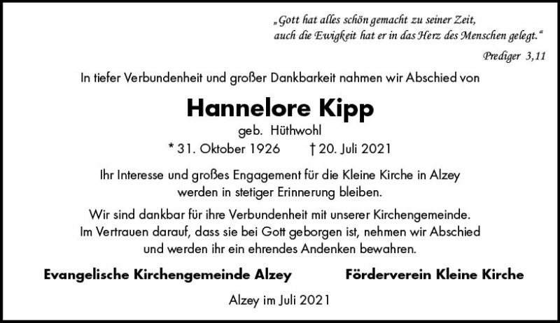 Traueranzeige für Hannelore Kipp vom 31.07.2021 aus vrm-trauer