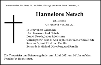Traueranzeige von Hannelore Netsch von vrm-trauer