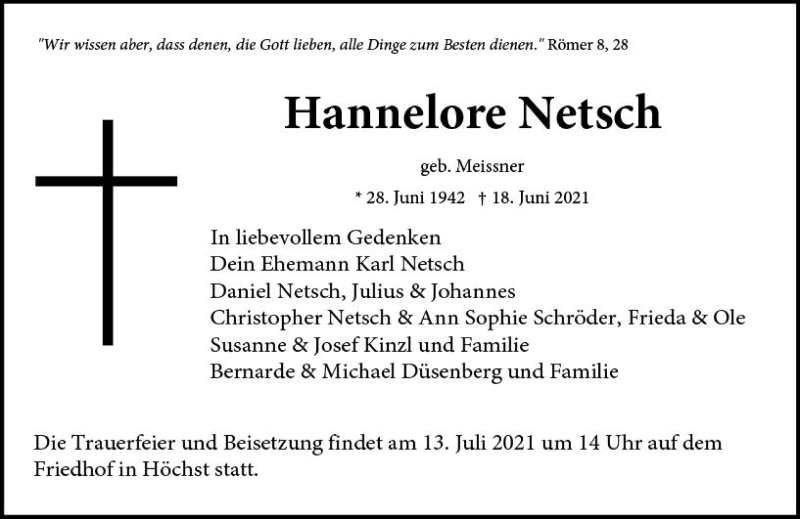  Traueranzeige für Hannelore Netsch vom 03.07.2021 aus vrm-trauer