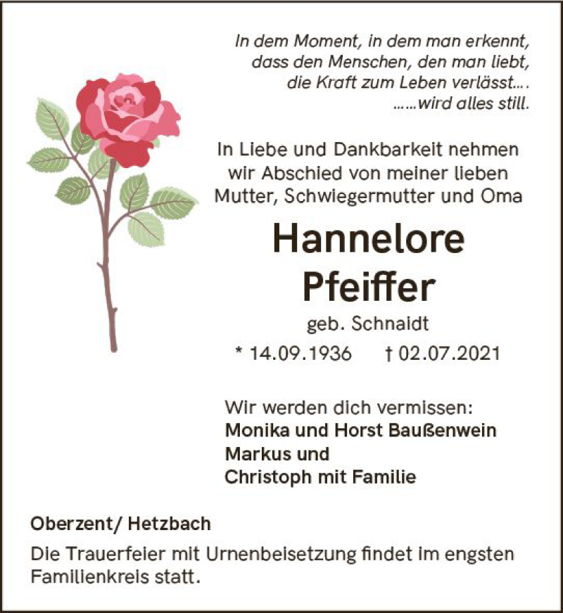  Traueranzeige für Hannelore Pfeiffer vom 14.07.2021 aus vrm-trauer