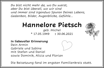 Traueranzeige von Hannelore Pietsch von vrm-trauer