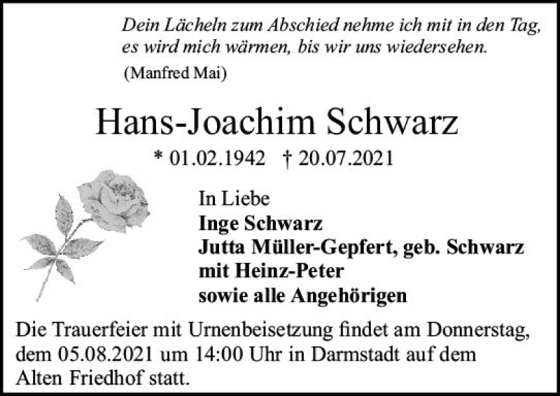  Traueranzeige für Hans-Joachim Schwarz vom 31.07.2021 aus vrm-trauer