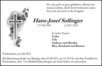 Traueranzeige von Hans-Josef Sollinger von vrm-trauer