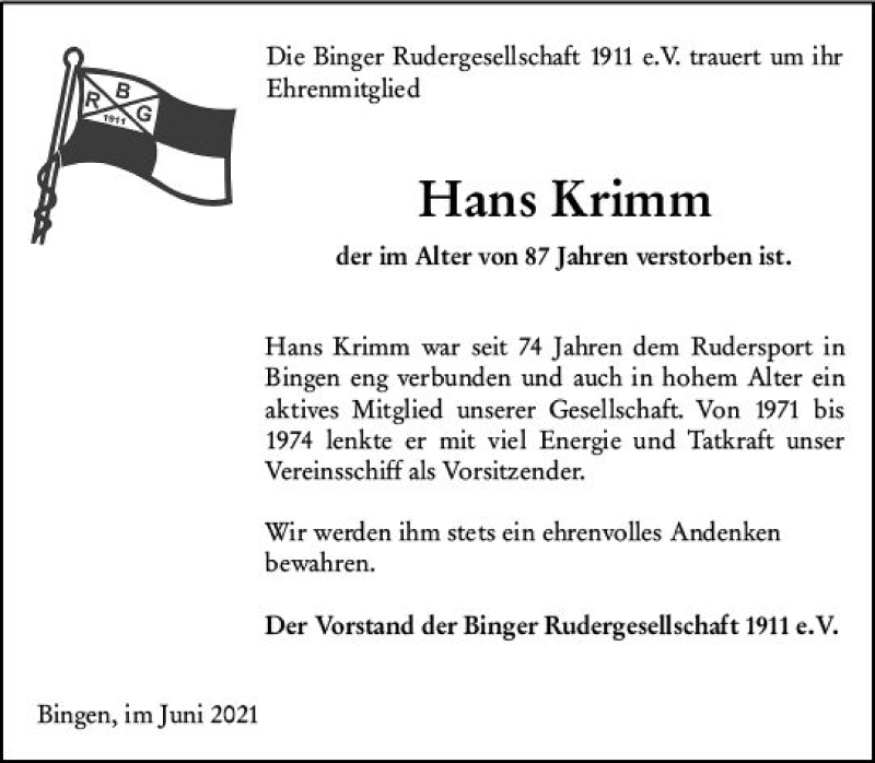  Traueranzeige für Hans Krimm vom 02.07.2021 aus vrm-trauer