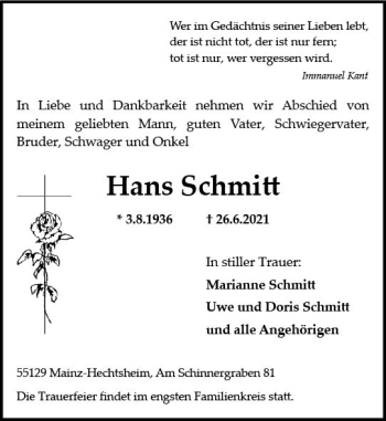 Traueranzeige von Hans Schmitt von vrm-trauer