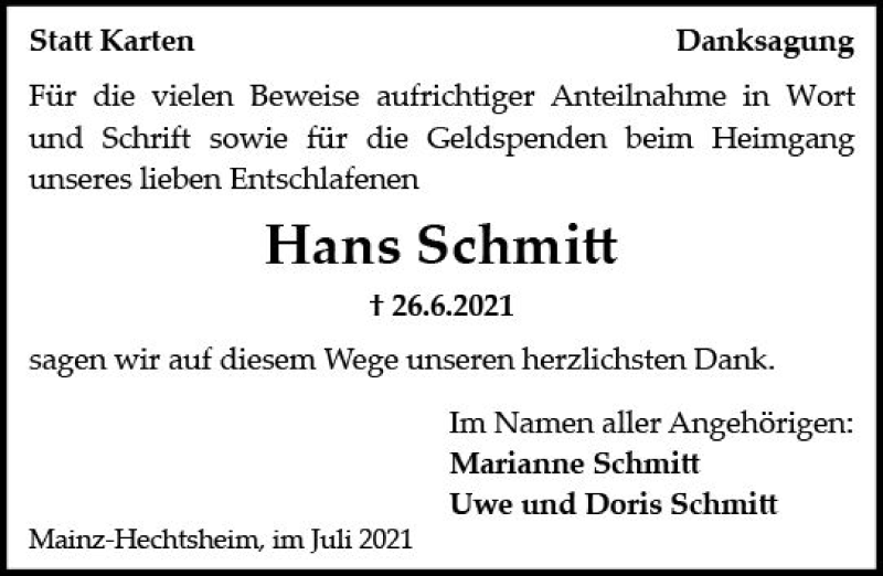 Traueranzeige für Hans Schmitt vom 24.07.2021 aus vrm-trauer