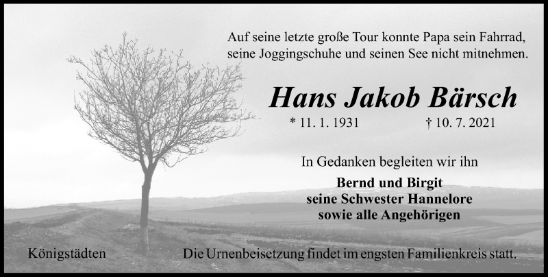  Traueranzeige für Hans Jakob Bärsch vom 17.07.2021 aus vrm-trauer