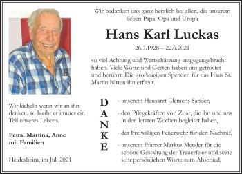 Traueranzeige von Hans Karl Luckas von vrm-trauer