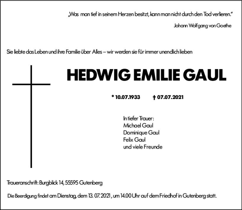  Traueranzeige für Hedwig Emilie Gaul vom 10.07.2021 aus vrm-trauer