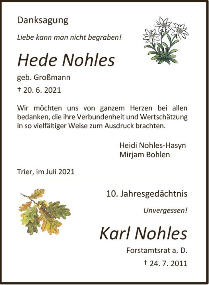  Traueranzeige für Heide Nohles vom 24.07.2021 aus vrm-trauer