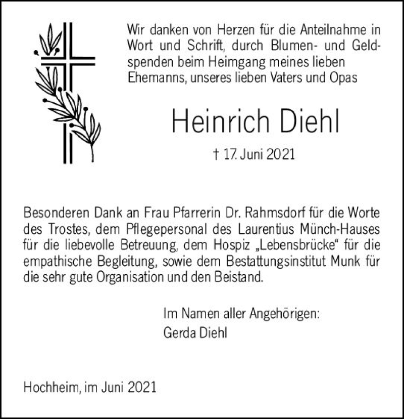  Traueranzeige für Heinrich Dehl vom 02.07.2021 aus vrm-trauer