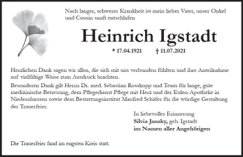 Traueranzeige von Heinrich Igstadt von vrm-trauer
