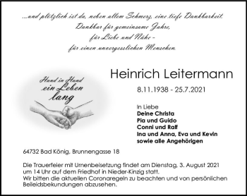 Traueranzeige von Heinrich Leitermann von vrm-trauer