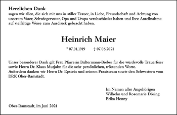 Traueranzeige von Heinrich Maier von vrm-trauer