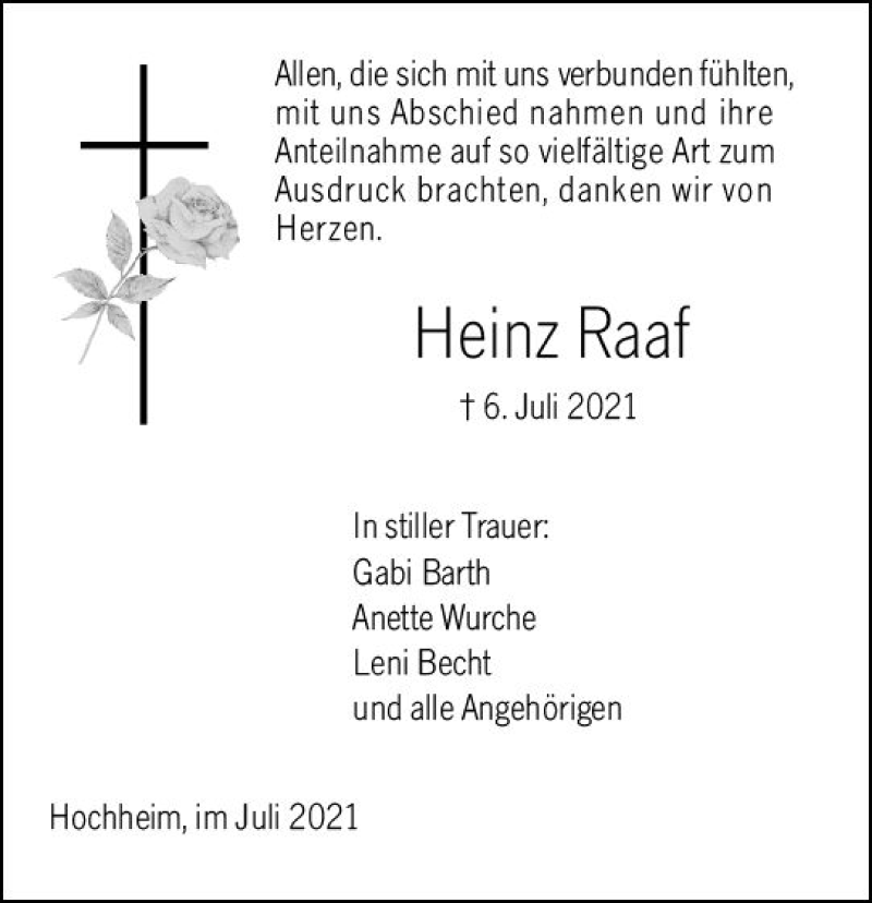  Traueranzeige für Heinz Raaf vom 23.07.2021 aus vrm-trauer
