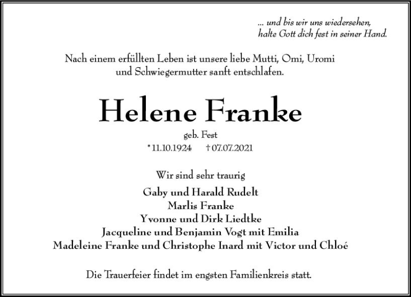  Traueranzeige für Helene Franke vom 10.07.2021 aus vrm-trauer