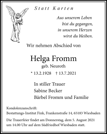 Traueranzeige von Helga Fromm von vrm-trauer