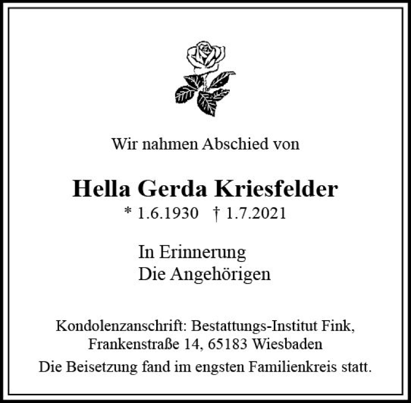  Traueranzeige für Hella Gerda Kriesfelder vom 31.07.2021 aus vrm-trauer