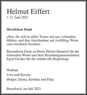 Traueranzeige von Helmut Eiffert von vrm-trauer