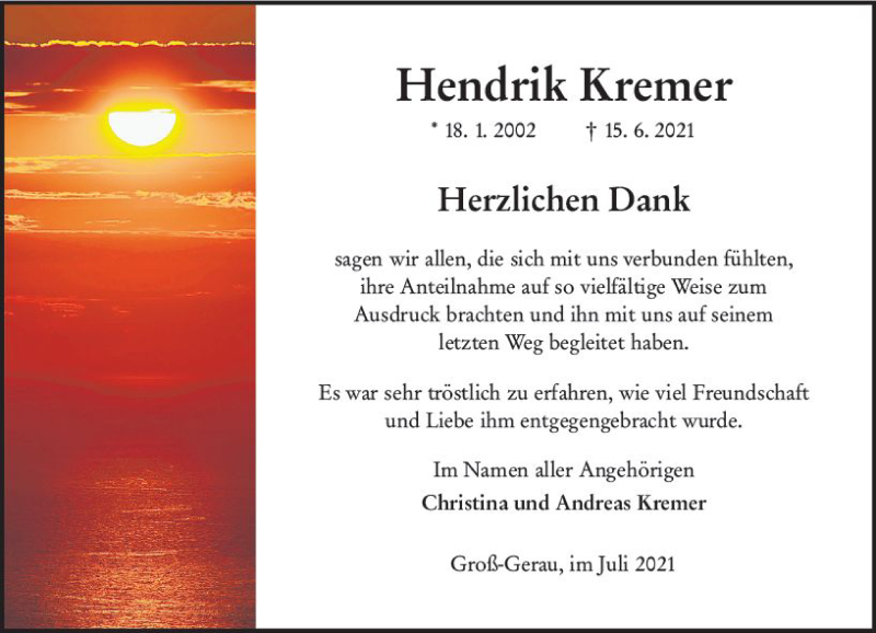  Traueranzeige für Hendrik Kremet vom 24.07.2021 aus vrm-trauer