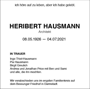 Traueranzeige von Heribert Hausmann von vrm-trauer