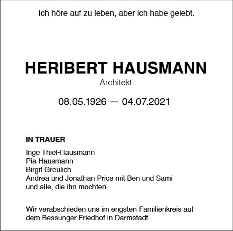  Traueranzeige für Heribert Hausmann vom 10.07.2021 aus vrm-trauer