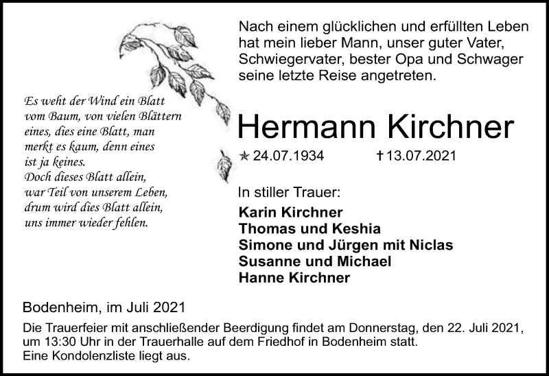  Traueranzeige für Hermann Kirchner vom 17.07.2021 aus vrm-trauer