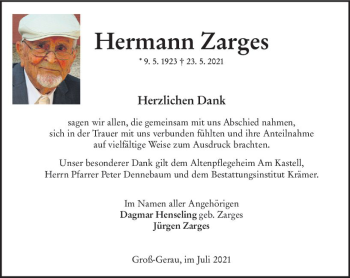 Traueranzeige von Hermann Zarges von vrm-trauer