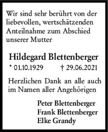 Traueranzeige von Hildegard Blettenberger von vrm-trauer