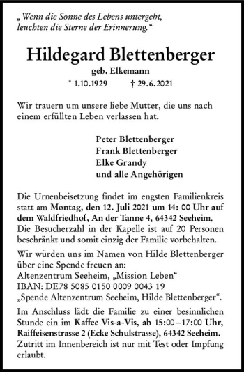 Traueranzeige von Hildegard Blettenberger von vrm-trauer