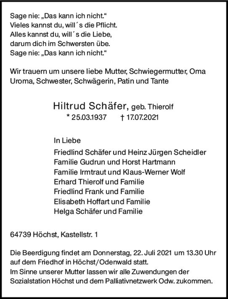  Traueranzeige für Hiltrud Schäfer vom 20.07.2021 aus vrm-trauer