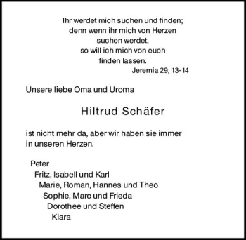 Traueranzeige von Hiltrud Schäfer von vrm-trauer
