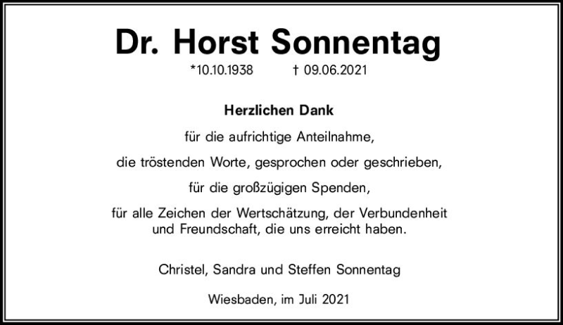 Traueranzeige für Horst Sonnentag vom 31.07.2021 aus vrm-trauer