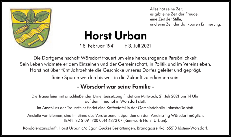  Traueranzeige für Horst Urban vom 17.07.2021 aus vrm-trauer