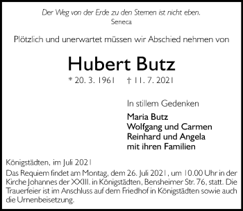 Traueranzeige von Hubert Butz von vrm-trauer