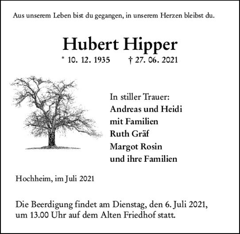  Traueranzeige für Hubert Hipper vom 02.07.2021 aus vrm-trauer