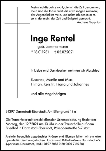 Traueranzeige von Inge Rentel von vrm-trauer