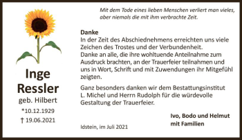Traueranzeige von Inge Ressler von vrm-trauer