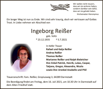 Traueranzeige von Ingeborg Reißer von vrm-trauer