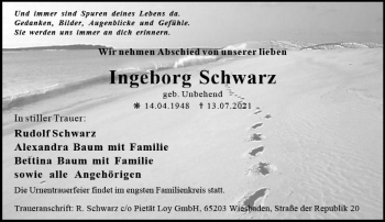 Traueranzeige von Ingeborg Schwarz von vrm-trauer