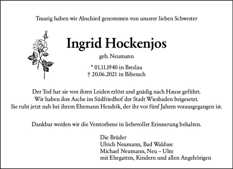  Traueranzeige für Ingrid Hockenjos vom 03.07.2021 aus vrm-trauer