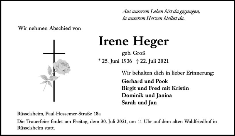  Traueranzeige für Irene Heger vom 24.07.2021 aus vrm-trauer